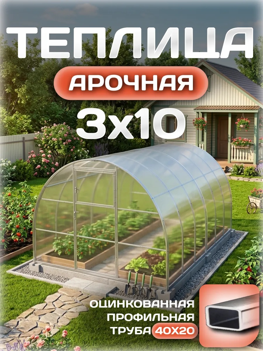 Теплица арочная 3х10 м, каркас 40х20, шаг дуг 0.65 м усиленная с поликарбонатом 4 мм, стандарт