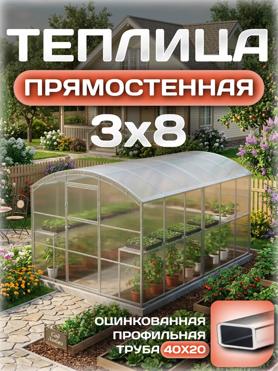 Теплица прямостенная 3х8 м, каркас 25х25, шаг дуг 0.65 м усиленная с поликарбонатом 4 мм 0,60 кг/м²